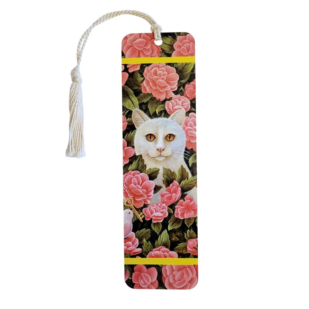 Vintage 90s White Cat Pink flowers Bookmark, Elizabeth King Brownd, QA 1994 EB01